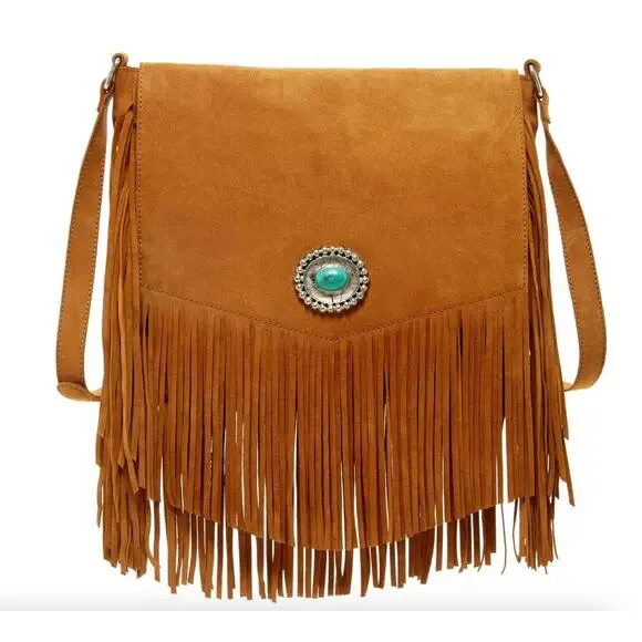 Ten79LA Ricky Suede Tan Crossbody Bag Fringe Western Native Inspired - Picture 1 of 15